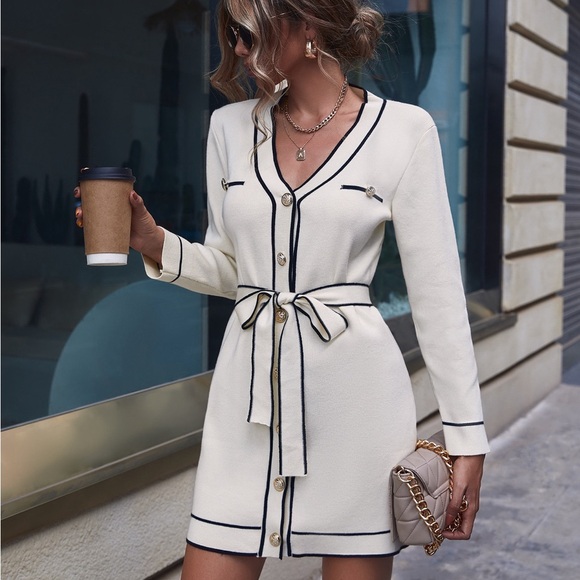 Dresses & Skirts - Classic Beige Striped Colorblock Sweater Dress